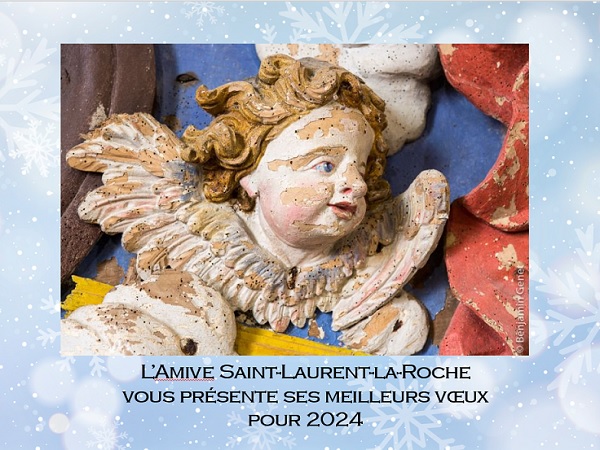 Voeux Amive 2024 avec une tête d'angelot provenant du Retable baroque de l'église de Saint-Laurent-la-Roche